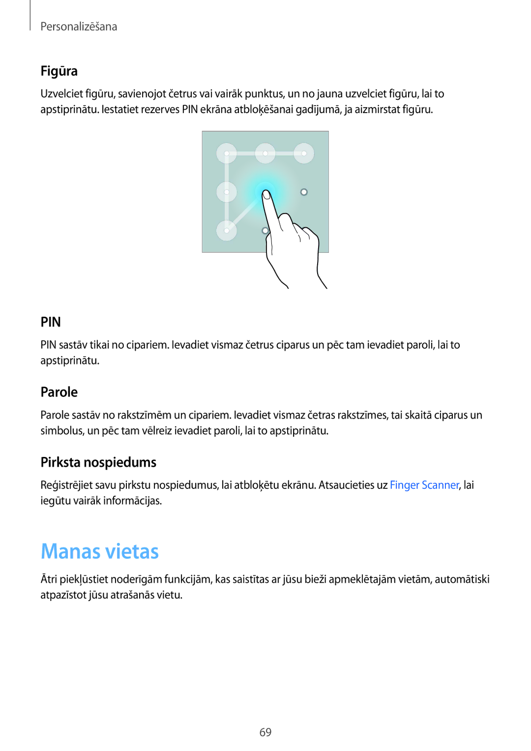 Samsung SM-N910CZWESEB, SM-N910FZWEBAL, SM-N910FZIEBAL, SM-N910FZDEBAL manual Manas vietas, Figūra, Parole, Pirksta nospiedums 