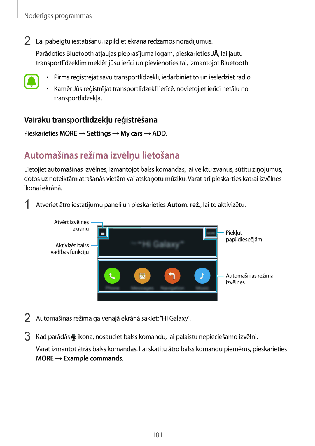 Samsung SM-N910FZKEBAL, SM-N910FZWEBAL manual Automašīnas režīma izvēlņu lietošana, Vairāku transportlīdzekļu reģistrēšana 