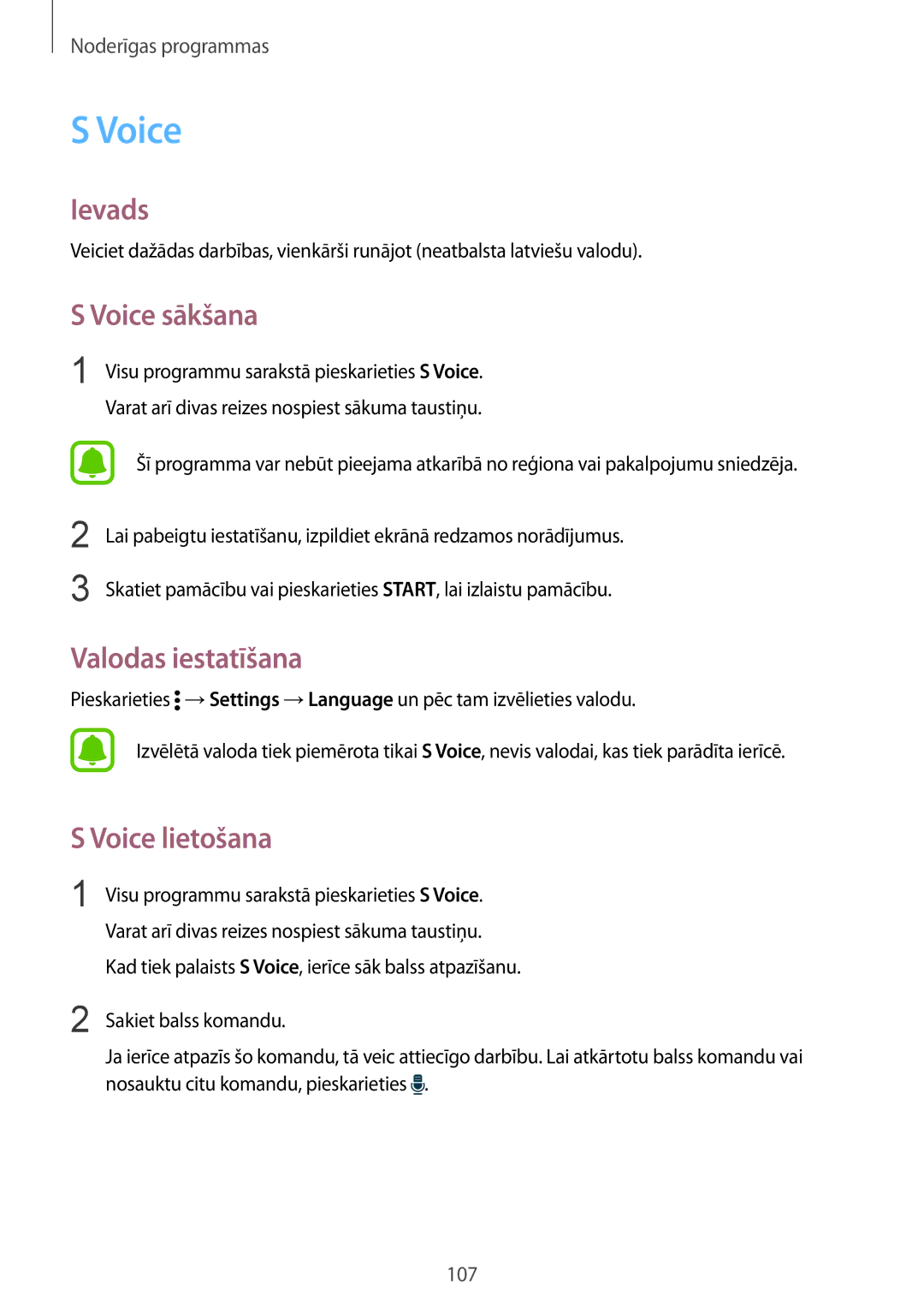 Samsung SM-N910FZDEBAL, SM-N910FZWEBAL, SM-N910FZIEBAL manual Voice sākšana, Valodas iestatīšana, Voice lietošana 