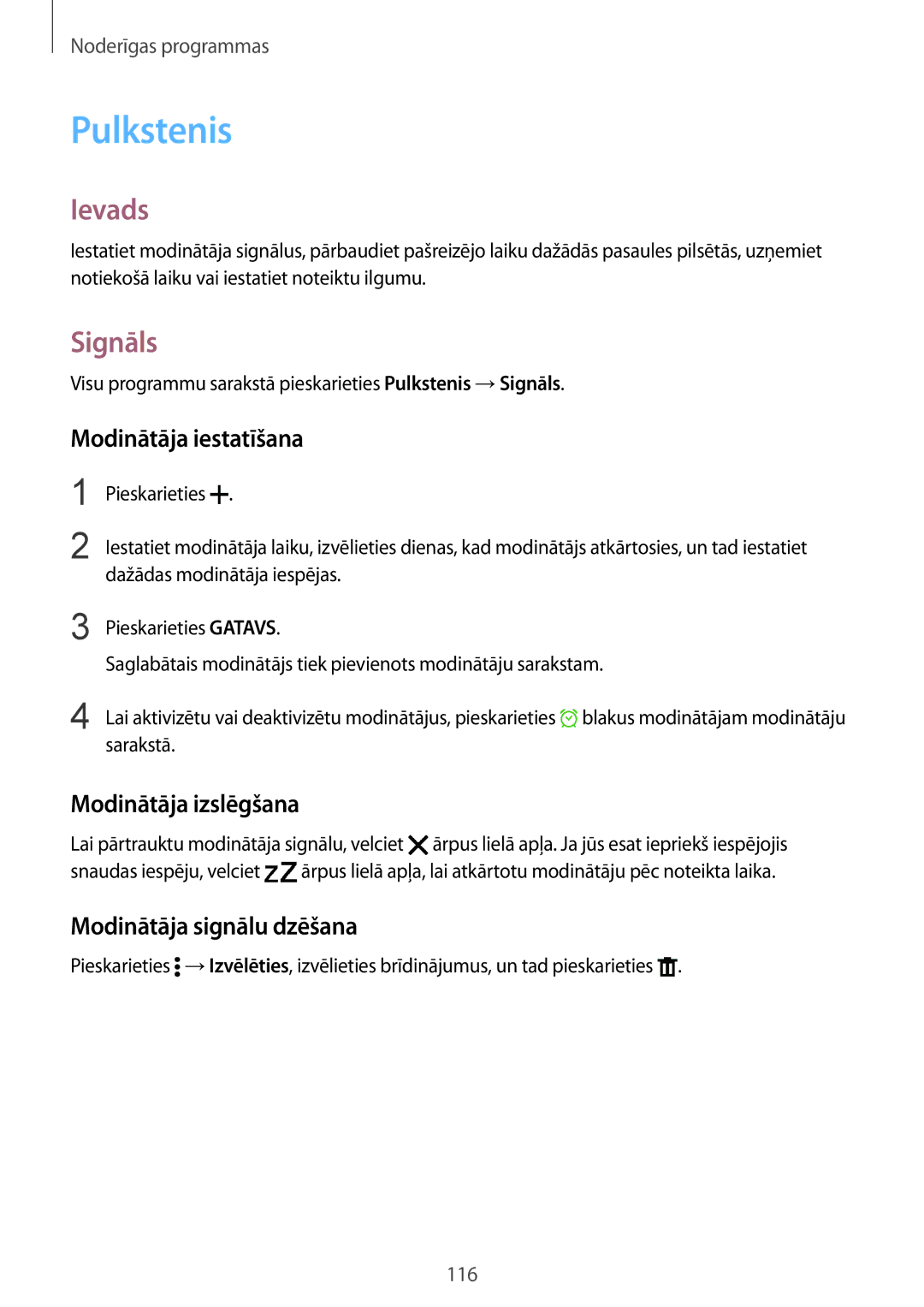 Samsung SM-N910CZKESEB Pulkstenis, Signāls, Modinātāja iestatīšana, Modinātāja izslēgšana, Modinātāja signālu dzēšana 