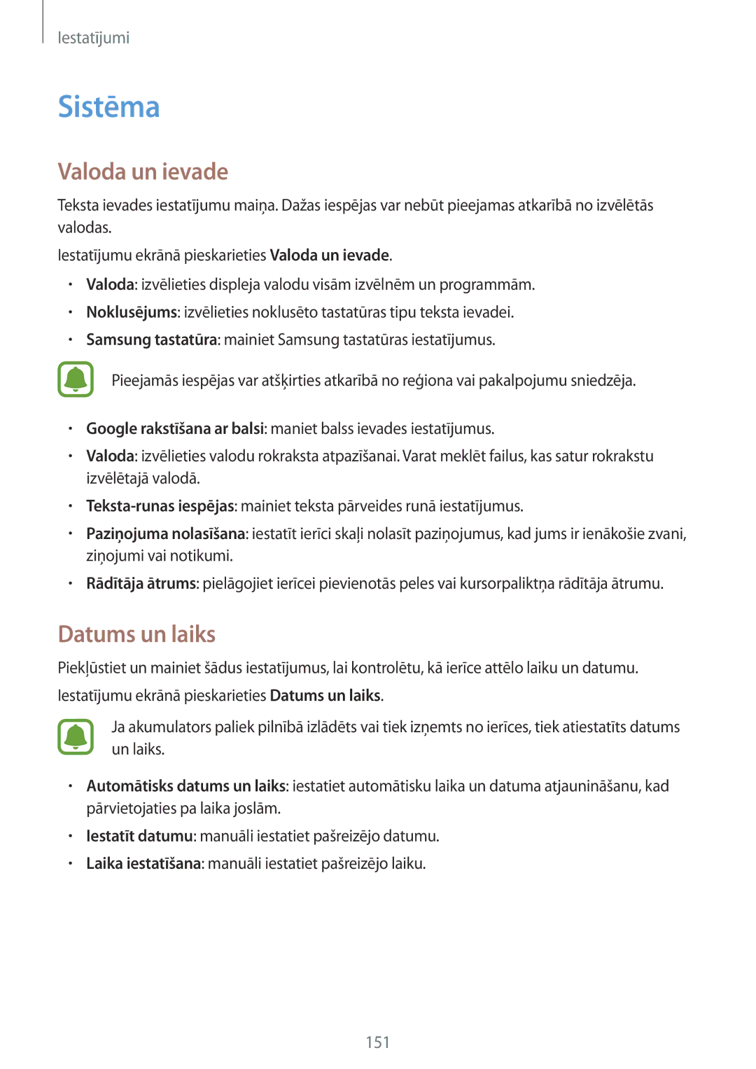 Samsung SM-N910CZKESEB, SM-N910FZWEBAL, SM-N910FZIEBAL, SM-N910FZDEBAL manual Sistēma, Valoda un ievade, Datums un laiks 