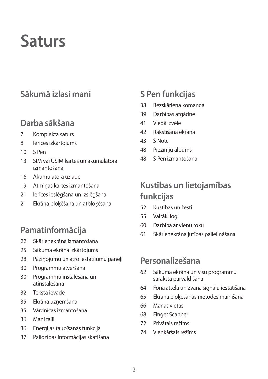 Samsung SM-N910FZDEBAL, SM-N910FZWEBAL, SM-N910FZIEBAL, SM-N910FZKEBAL manual Saturs, Sākumā izlasi mani Darba sākšana 