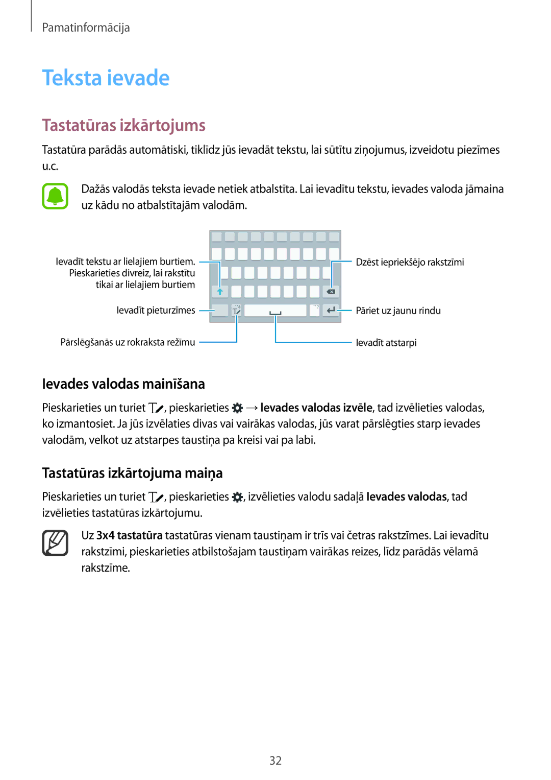 Samsung SM-N910CZKESEB Teksta ievade, Tastatūras izkārtojums, Ievades valodas mainīšana, Tastatūras izkārtojuma maiņa 