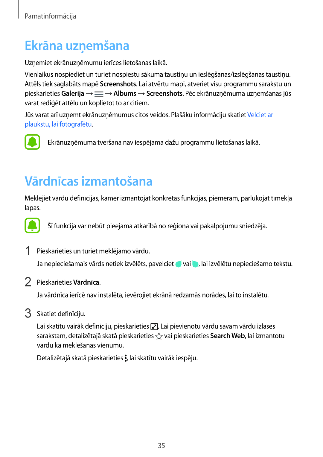 Samsung SM-N910FZWEBAL manual Ekrāna uzņemšana, Vārdnīcas izmantošana, Uzņemiet ekrānuzņēmumu ierīces lietošanas laikā 