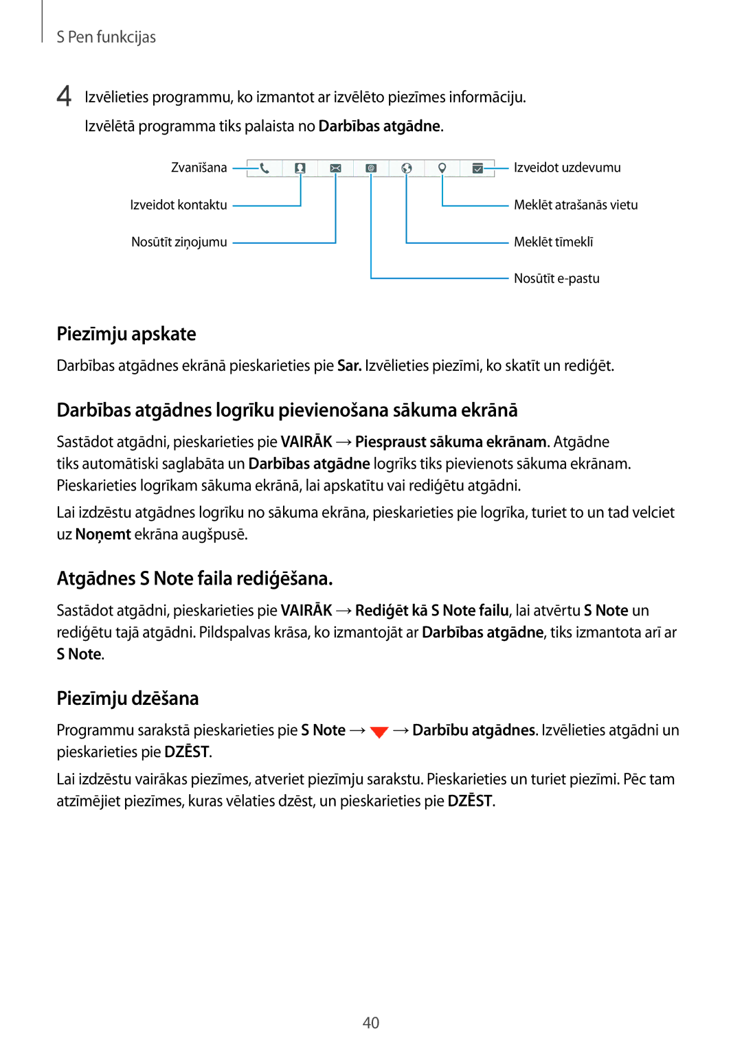 Samsung SM-N910CZDESEB manual Piezīmju apskate, Darbības atgādnes logrīku pievienošana sākuma ekrānā, Piezīmju dzēšana 