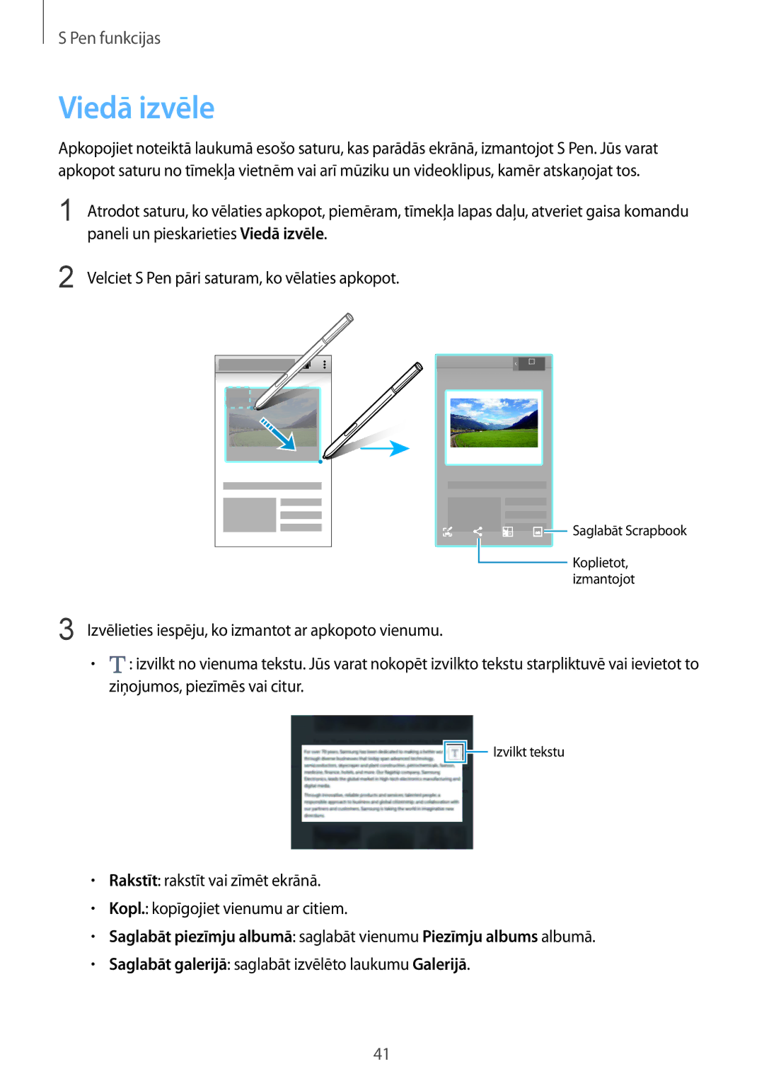 Samsung SM-N910CZWESEB manual Paneli un pieskarieties Viedā izvēle, Velciet S Pen pāri saturam, ko vēlaties apkopot 