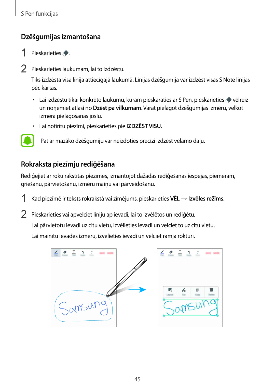 Samsung SM-N910FZKEBAL, SM-N910FZWEBAL, SM-N910FZIEBAL manual Dzēšgumijas izmantošana, Rokraksta piezīmju rediģēšana 