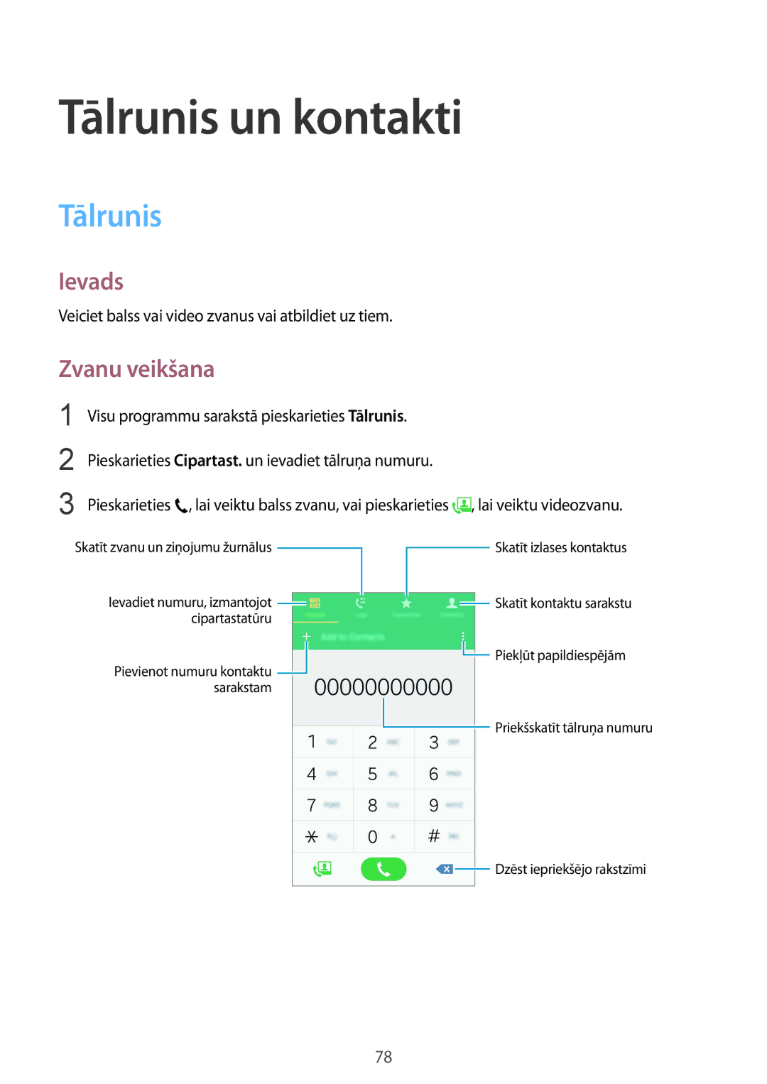 Samsung SM-N910FZIEBAL manual Tālrunis un kontakti, Zvanu veikšana, Veiciet balss vai video zvanus vai atbildiet uz tiem 