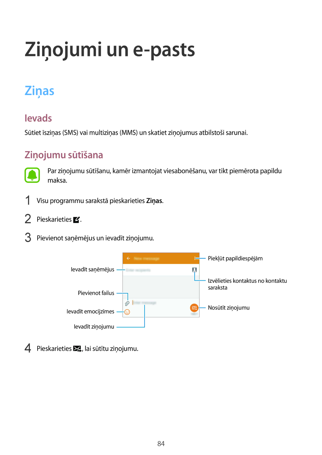 Samsung SM-N910FZWEBAL, SM-N910FZIEBAL, SM-N910FZDEBAL, SM-N910FZKEBAL manual Ziņojumi un e-pasts, Ziņas, Ziņojumu sūtīšana 