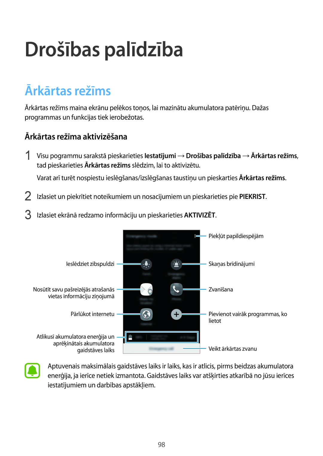 Samsung SM-N910FZWEBAL, SM-N910FZIEBAL, SM-N910FZDEBAL Drošības palīdzība, Ārkārtas režīms, Ārkārtas režīma aktivizēšana 