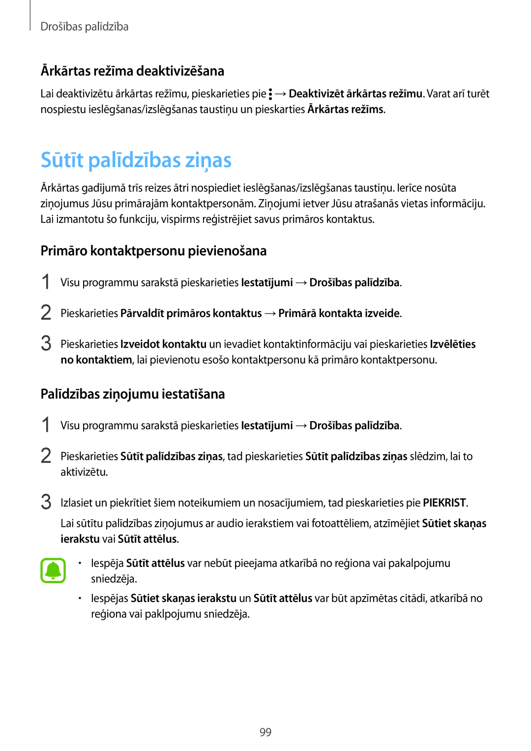 Samsung SM-N910FZIEBAL manual Sūtīt palīdzības ziņas, Ārkārtas režīma deaktivizēšana, Primāro kontaktpersonu pievienošana 