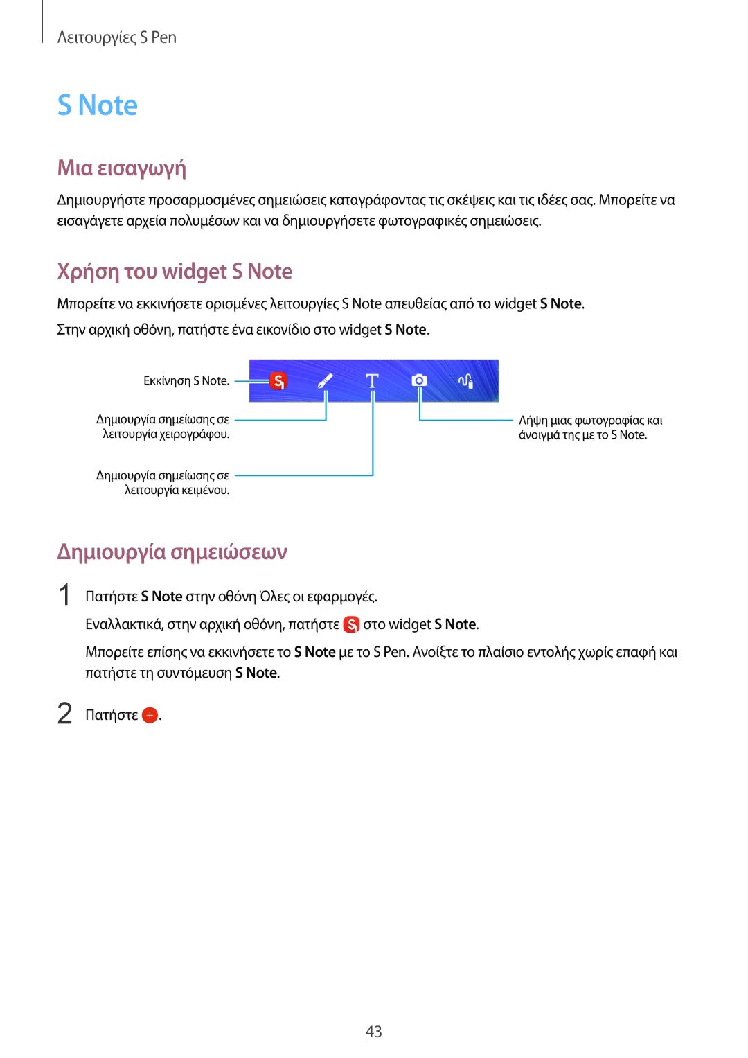 Samsung SM-N910FZDEVGR, SM-N910FZWEEUR, SM-N910FZWECOS manual Μια εισαγωγή, Χρήση του widget S Note, Δημιουργία σημειώσεων 