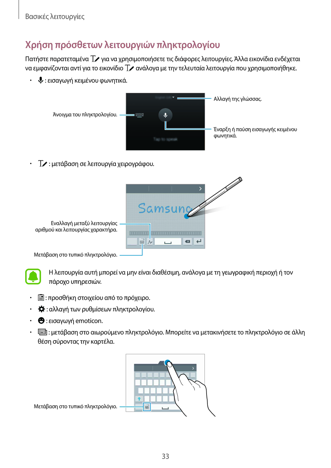 Samsung SM-N910FZWEEUR, SM-N910FZWECOS manual Χρήση πρόσθετων λειτουργιών πληκτρολογίου, Εισαγωγή κειμένου φωνητικά 