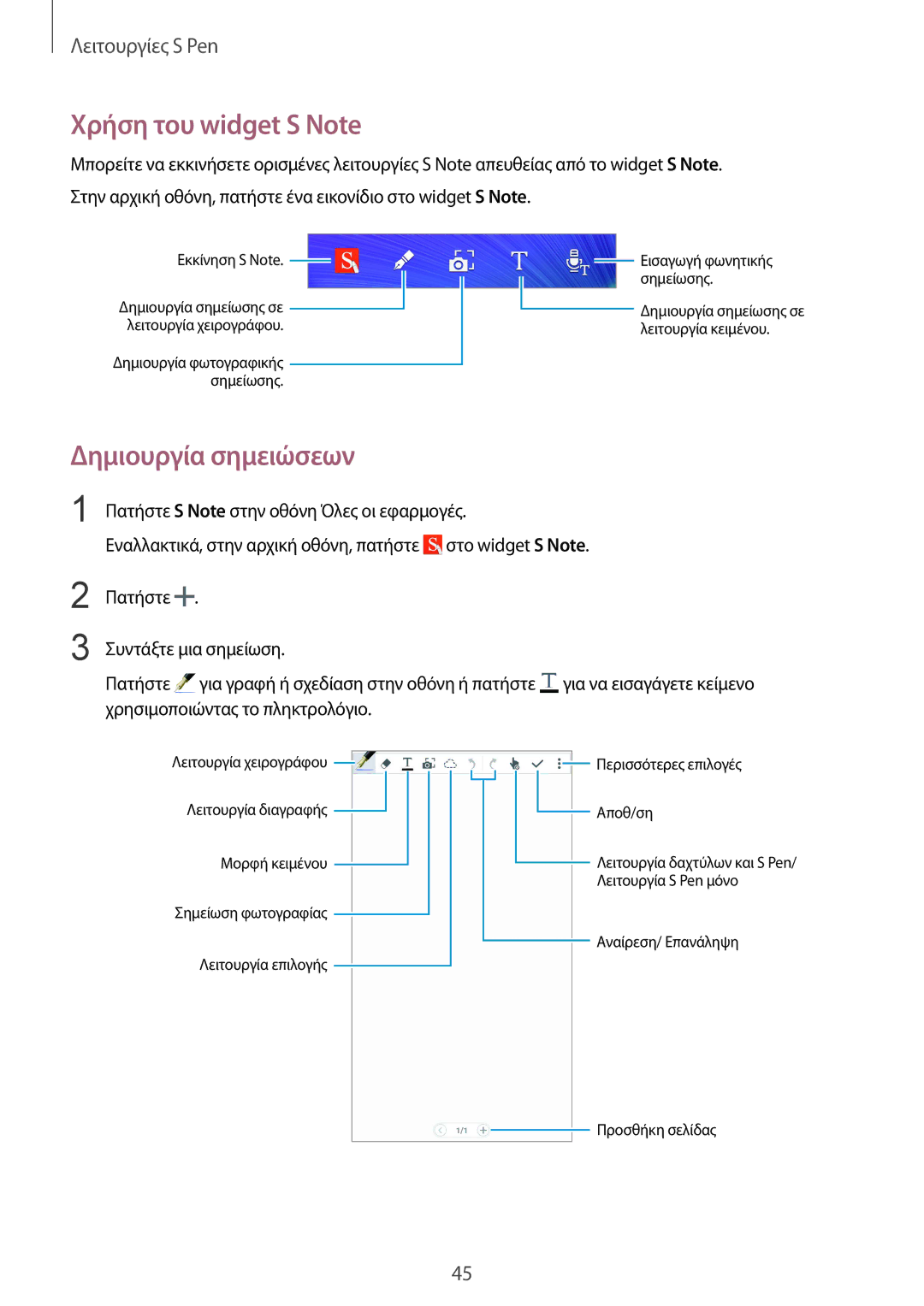 Samsung SM-N910FZWECOS, SM-N910FZWEEUR, SM-N910FZKECOS, SM-N910FZWECYV manual Χρήση του widget S Note, Δημιουργία σημειώσεων 