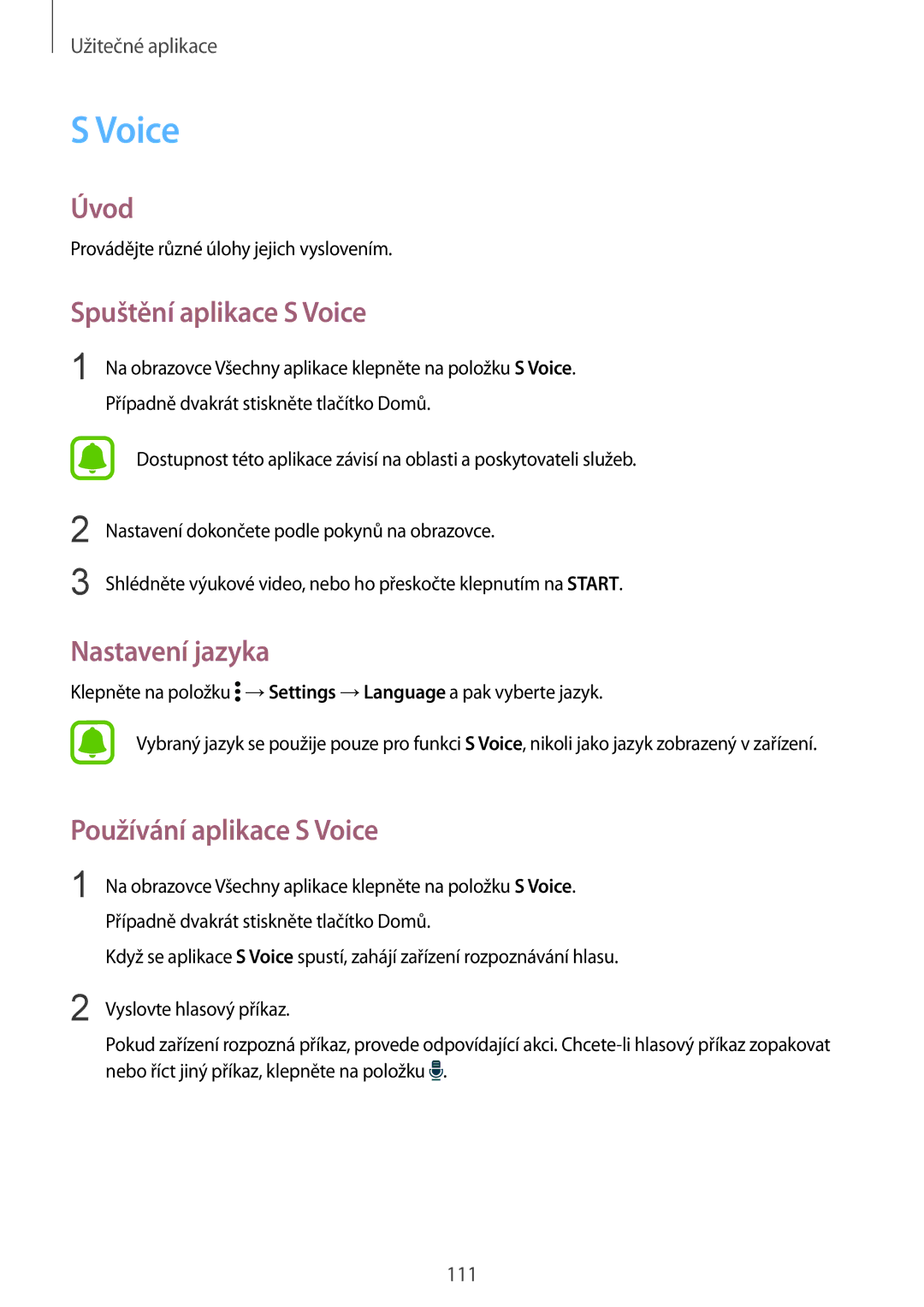 Samsung SM-N910FZKEXEC, SM-N910FZWEEUR manual Spuštění aplikace S Voice, Nastavení jazyka, Používání aplikace S Voice 