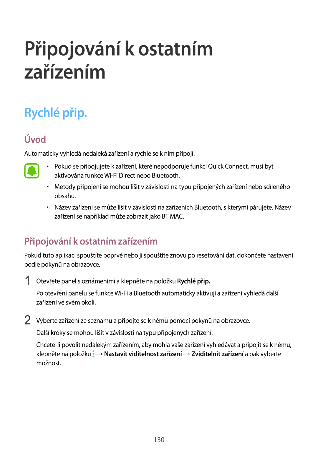 Samsung SM-N910FZKEEUR, SM-N910FZWEEUR, SM-N910FZWEDRE, SM-N910FZWECOS manual Připojování k ostatním zařízením, Rychlé přip 