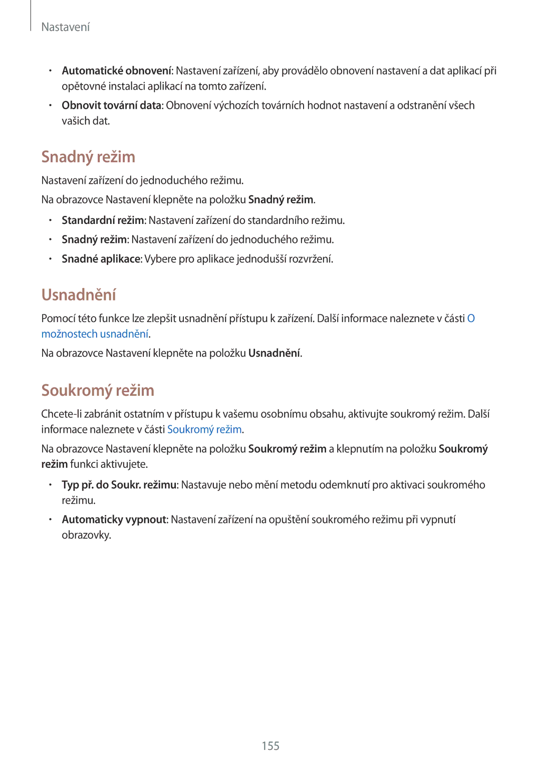 Samsung SM-N910FZWEXEO, SM-N910FZWEEUR, SM-N910FZWEDRE, SM-N910FZWECOS manual Snadný režim, Usnadnění, Soukromý režim 