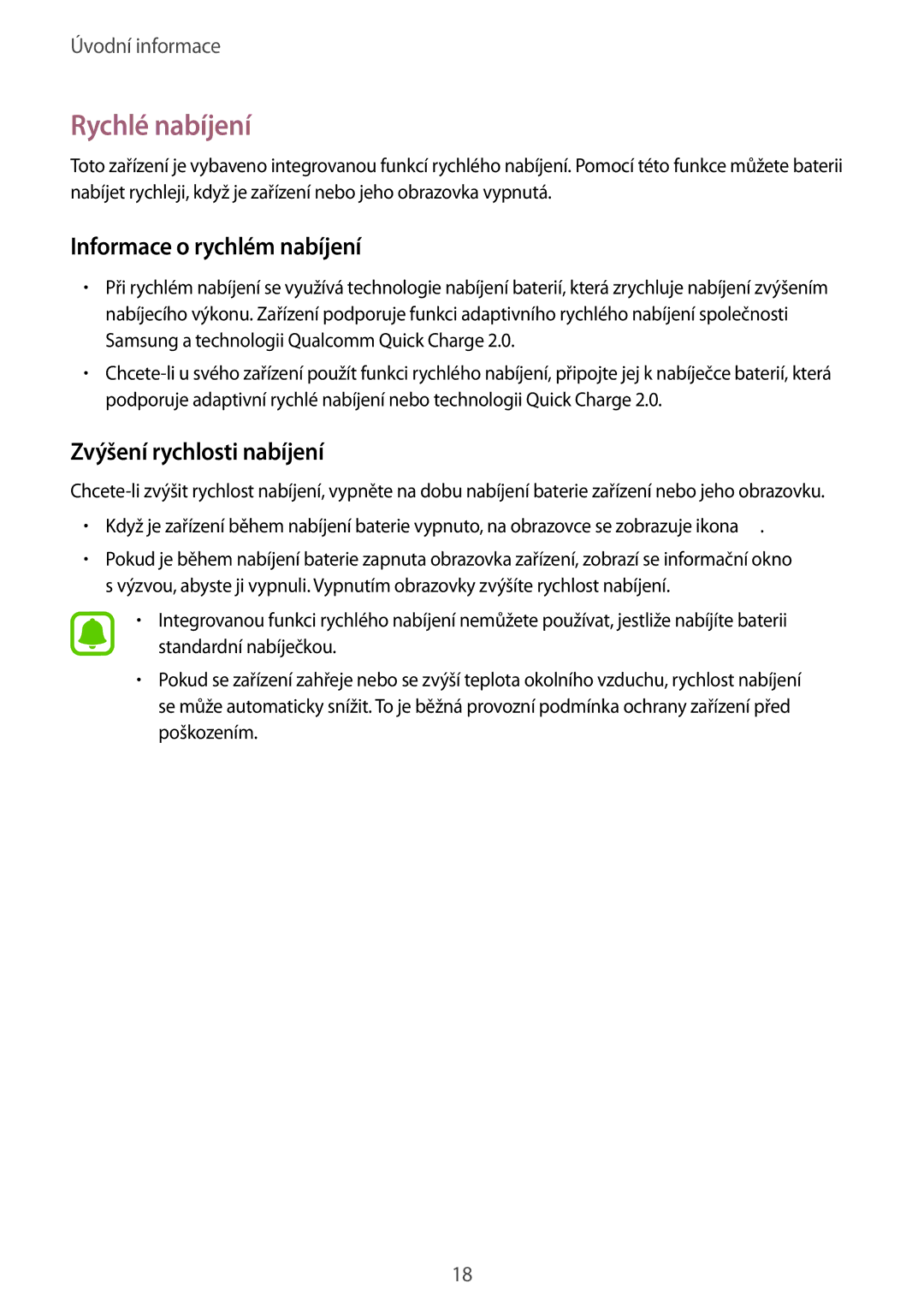 Samsung SM-N910FZKEEUR, SM-N910FZWEEUR manual Rychlé nabíjení, Informace o rychlém nabíjení, Zvýšení rychlosti nabíjení 