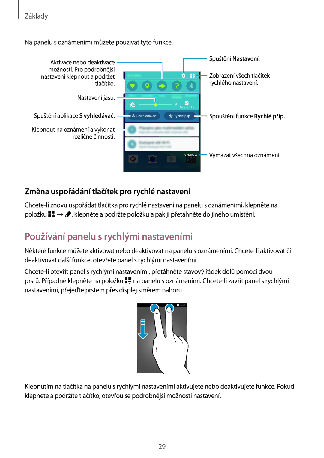 Samsung SM-N910FZDEAUT manual Používání panelu s rychlými nastaveními, Změna uspořádání tlačítek pro rychlé nastavení 