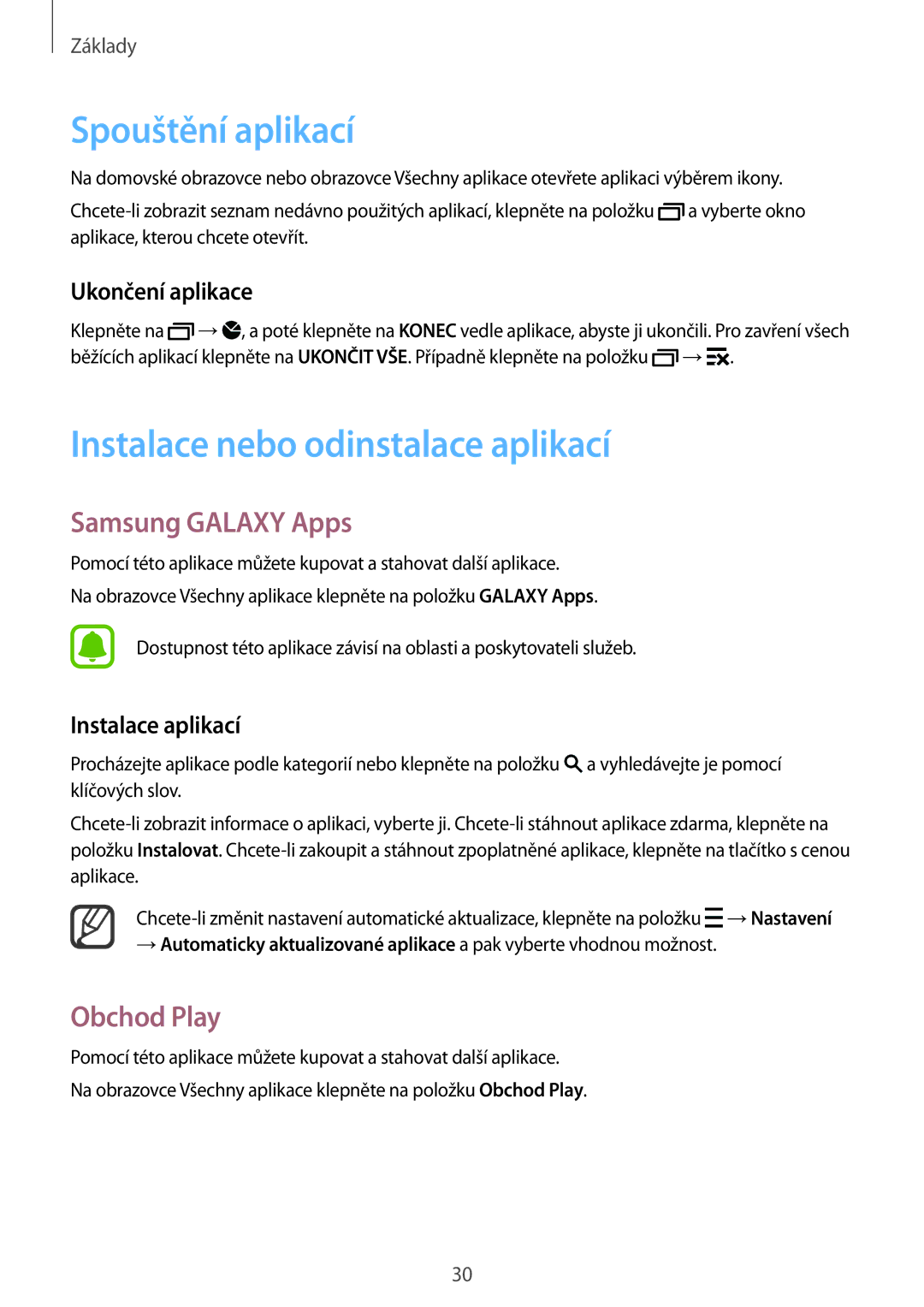 Samsung SM-N910FZWEAUT manual Spouštění aplikací, Instalace nebo odinstalace aplikací, Samsung Galaxy Apps, Obchod Play 