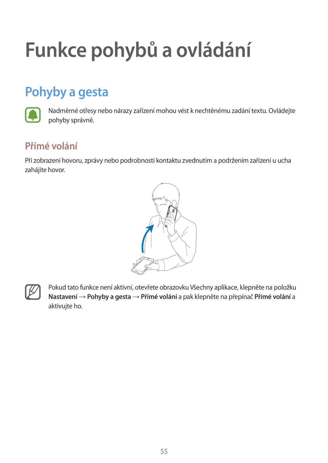 Samsung SM-N910FZKEXEC, SM-N910FZWEEUR, SM-N910FZWEDRE manual Funkce pohybů a ovládání, Pohyby a gesta, Přímé volání 