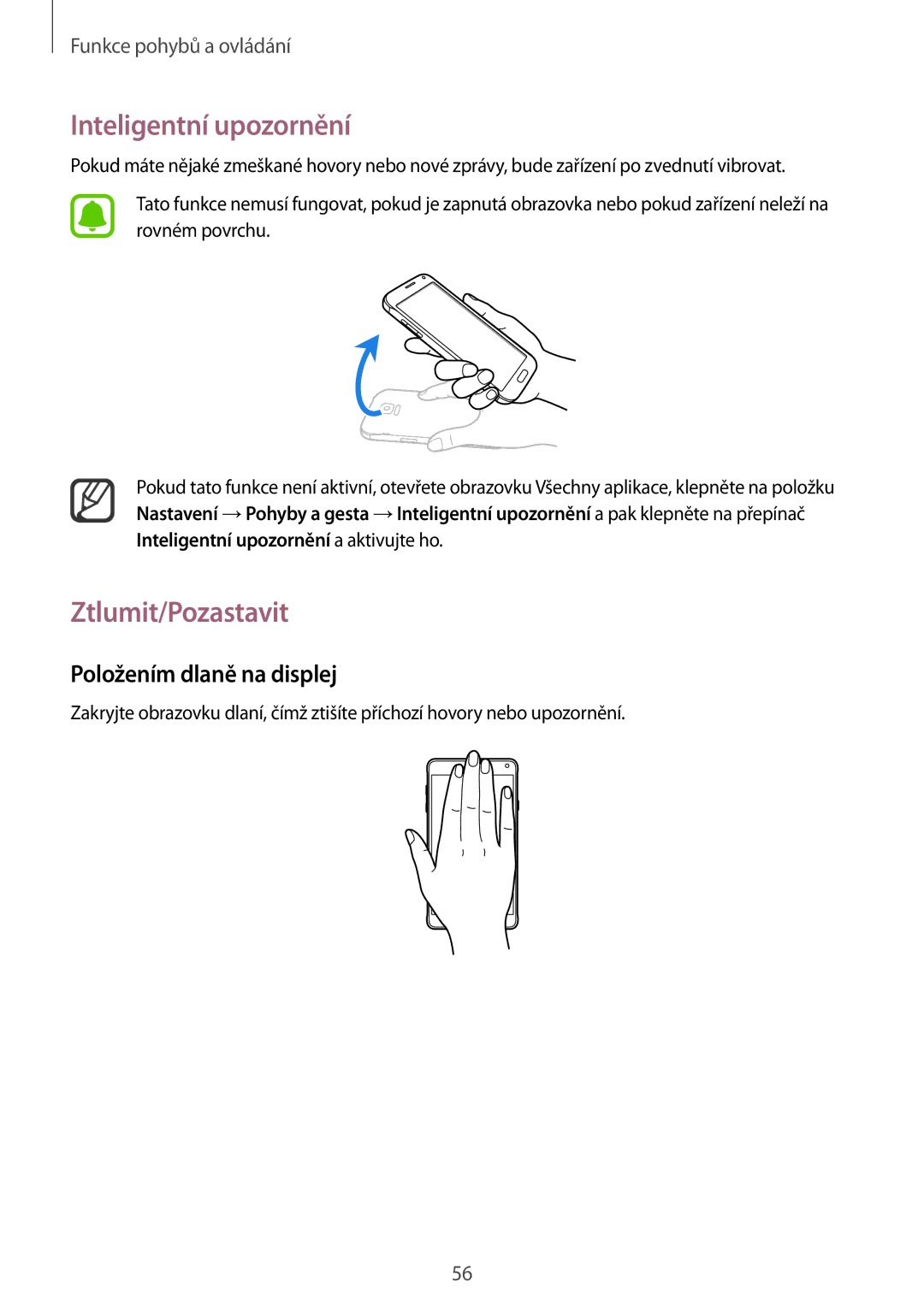 Samsung SM-N910FZWEEUR, SM-N910FZWEDRE manual Inteligentní upozornění, Ztlumit/Pozastavit, Položením dlaně na displej 