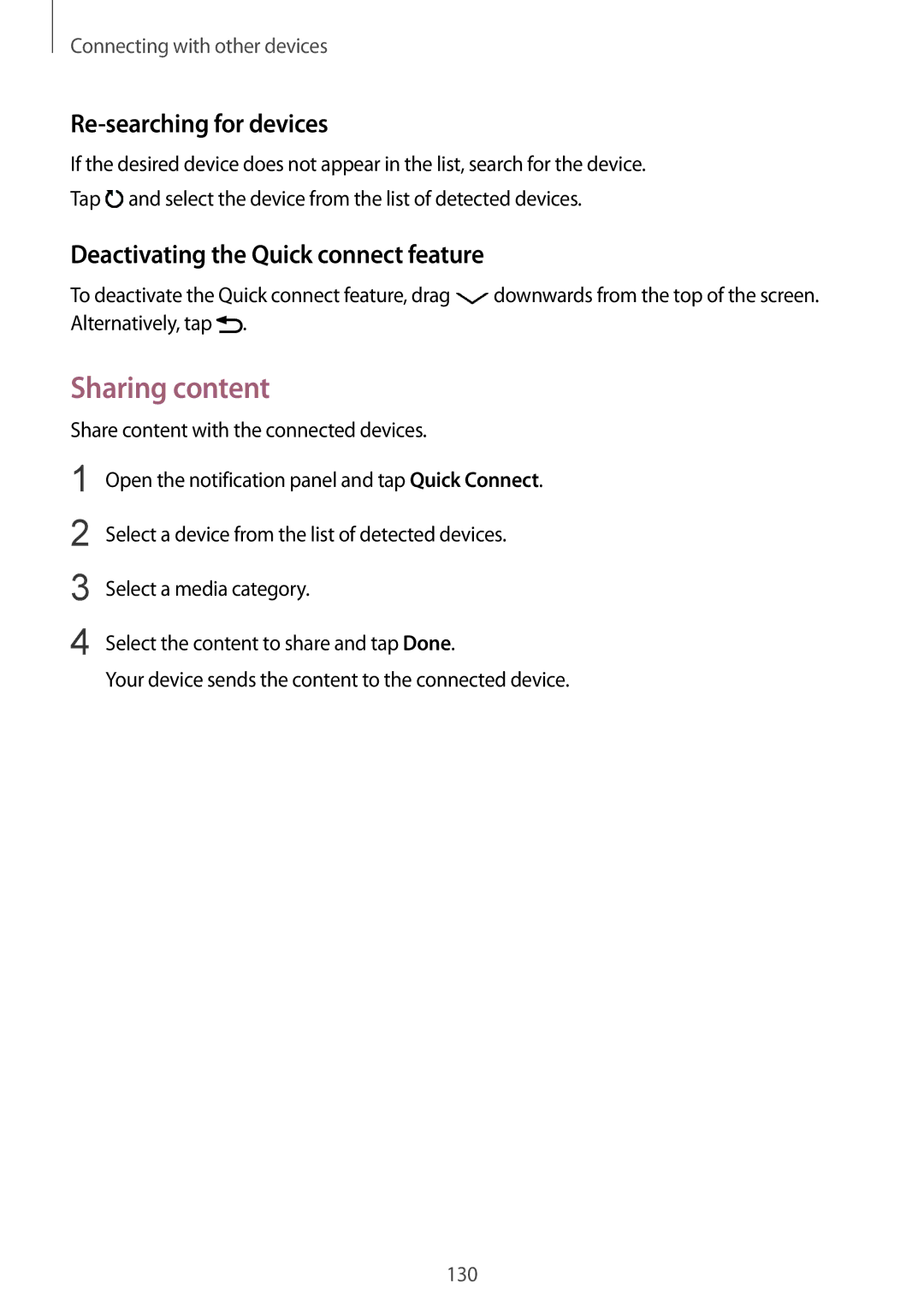 Samsung SM-N910FZKEVD2, SM-N910FZWEEUR Sharing content, Re-searching for devices, Deactivating the Quick connect feature 