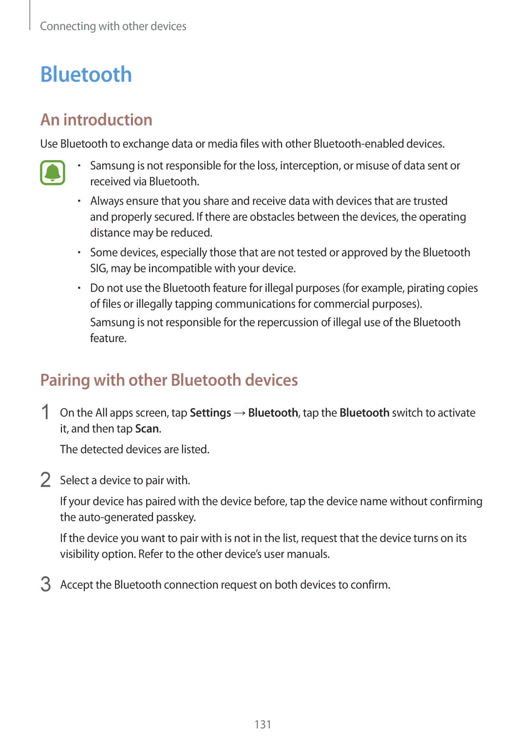 Samsung SM-N910FZKETTR, SM-N910FZWEEUR, SM-N910FZWEDRE, SM-N910FZWECOS manual Pairing with other Bluetooth devices 