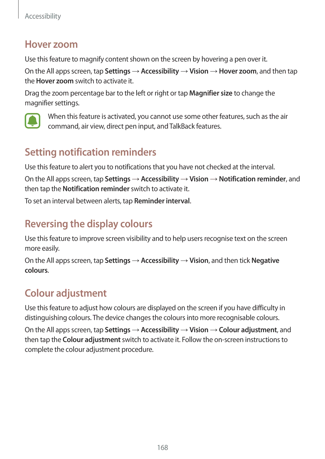 Samsung SM-N910FZKEXFV manual Hover zoom, Setting notification reminders, Reversing the display colours, Colour adjustment 