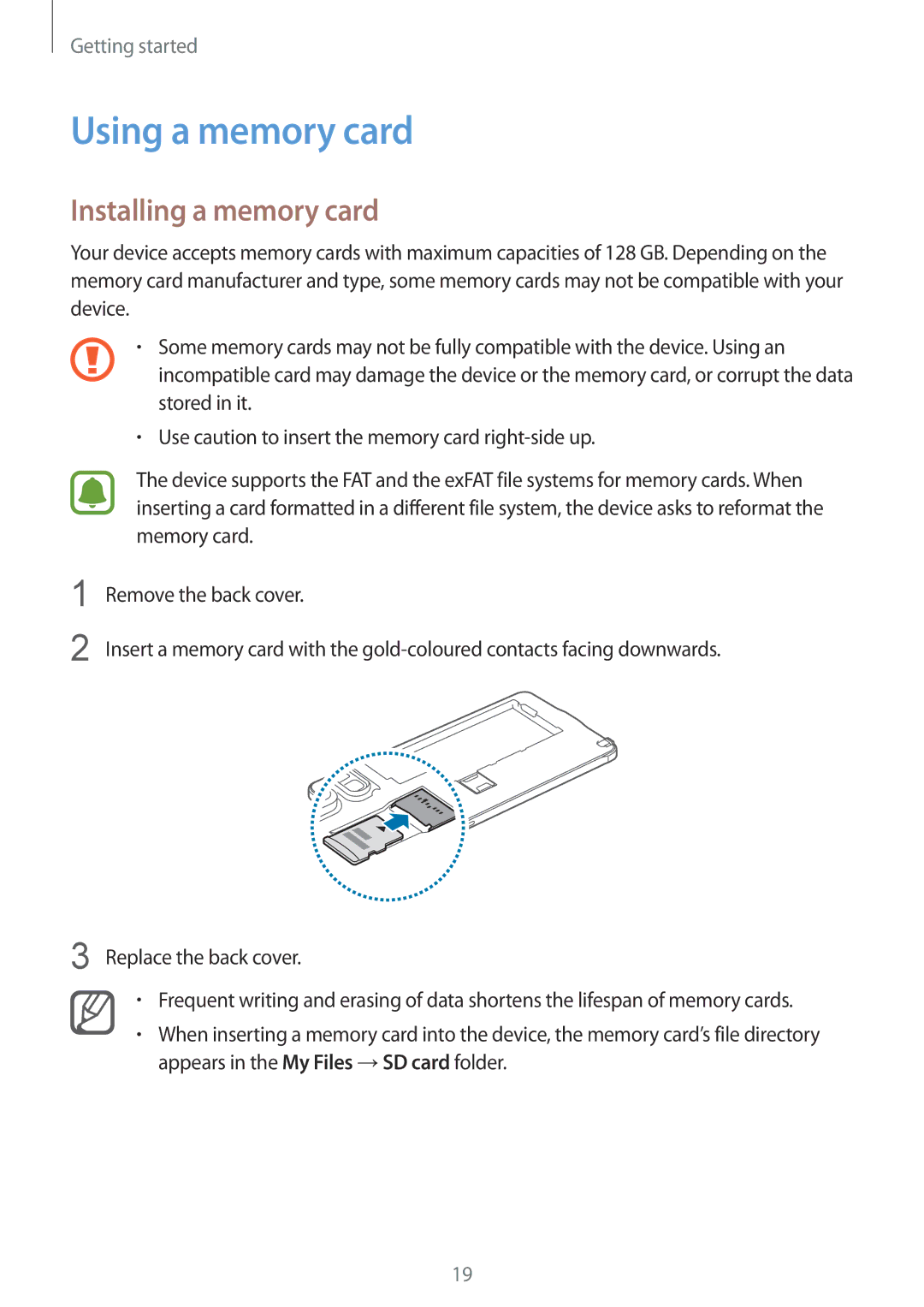 Samsung SM-N910FZKETTR, SM-N910FZWEEUR, SM-N910FZWEDRE, SM-N910FZWECOS manual Using a memory card, Installing a memory card 