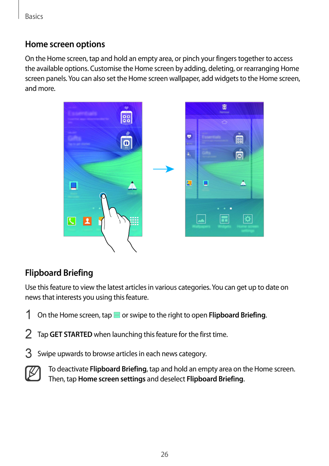 Samsung SM-N910FZIEBAL, SM-N910FZWEEUR, SM-N910FZWEDRE, SM-N910FZWECOS manual Home screen options, Flipboard Briefing 
