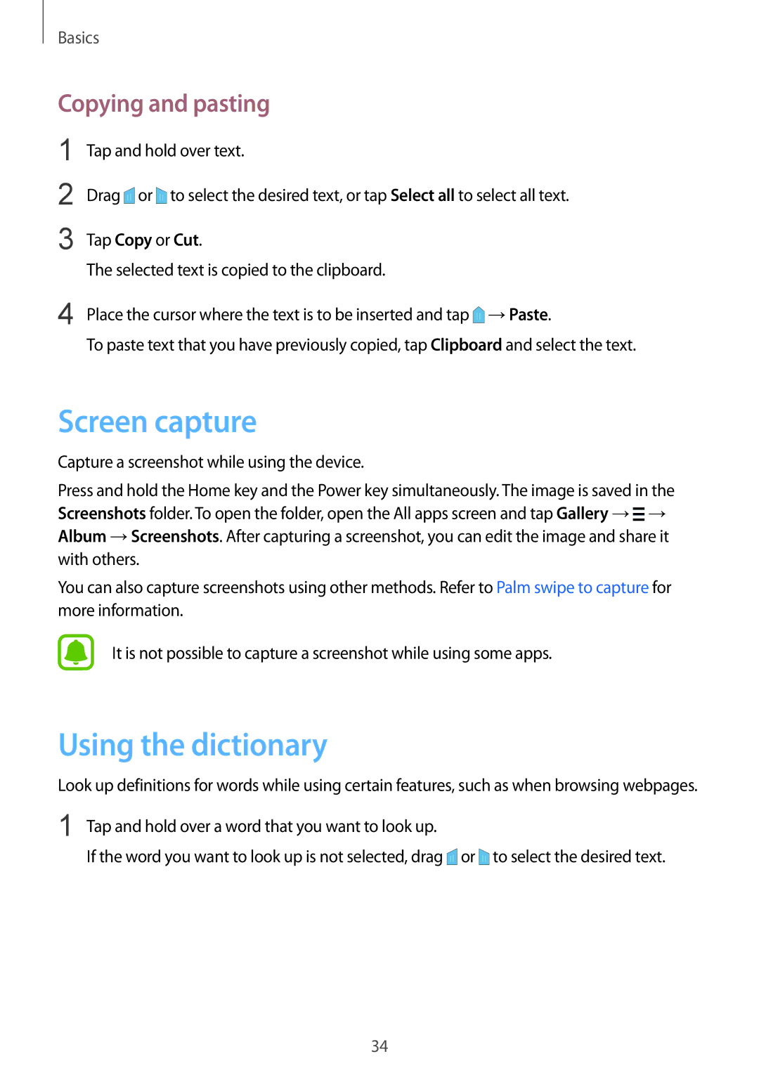 Samsung SM-N910FZWEATO, SM-N910FZWEEUR, SM-N910FZWEDRE manual Screen capture, Using the dictionary, Copying and pasting 