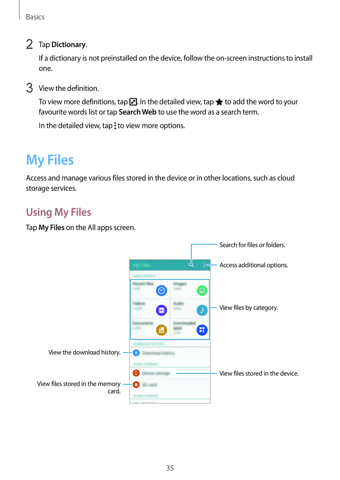 Samsung SM-N910FZKEVGR, SM-N910FZWEEUR manual Using My Files, Tap Dictionary, Detailed view, tap to view more options 