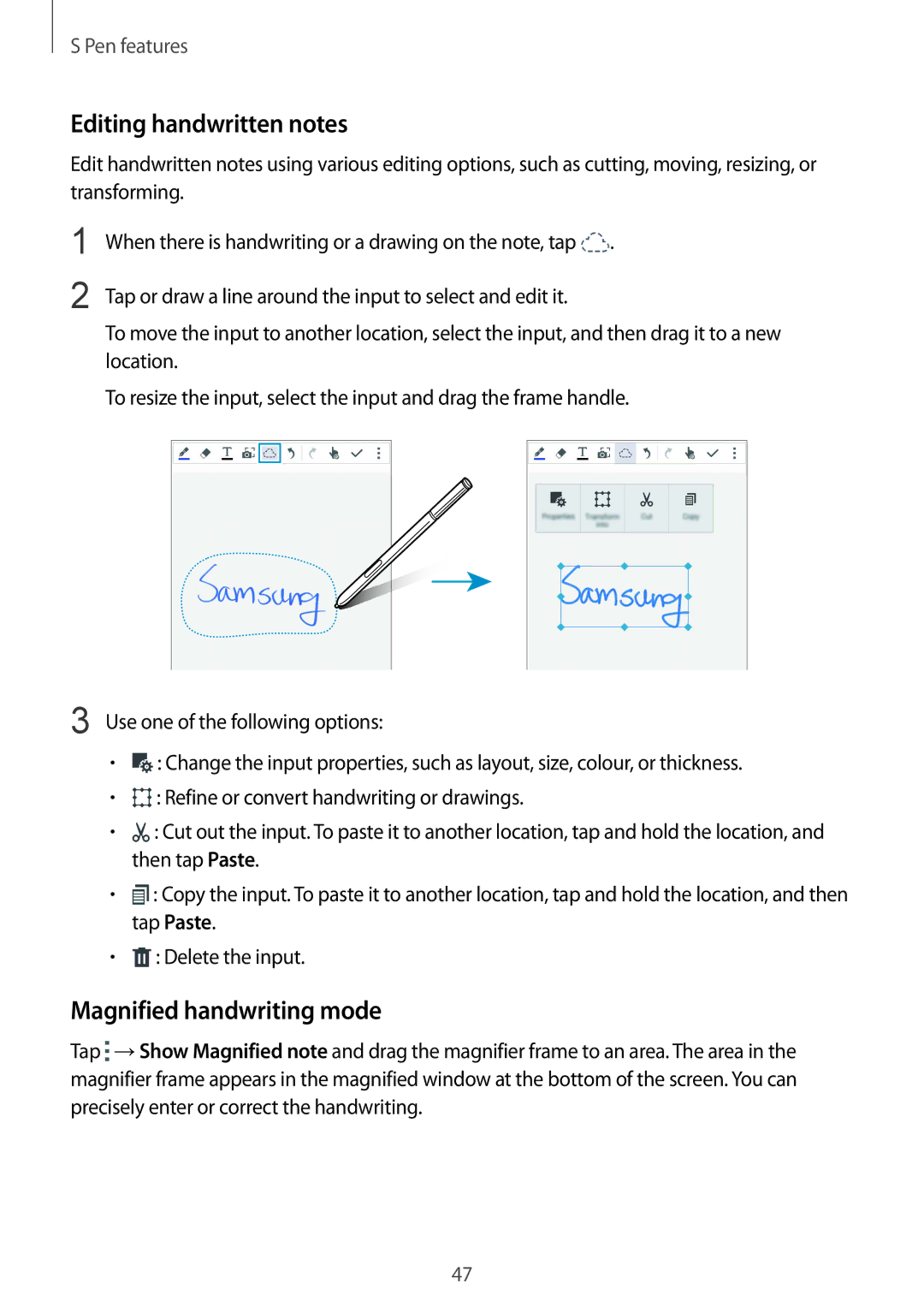 Samsung SM-N910FZWETPL, SM-N910FZWEEUR, SM-N910FZWEDRE, SM-N910FZWECOS Editing handwritten notes, Magnified handwriting mode 