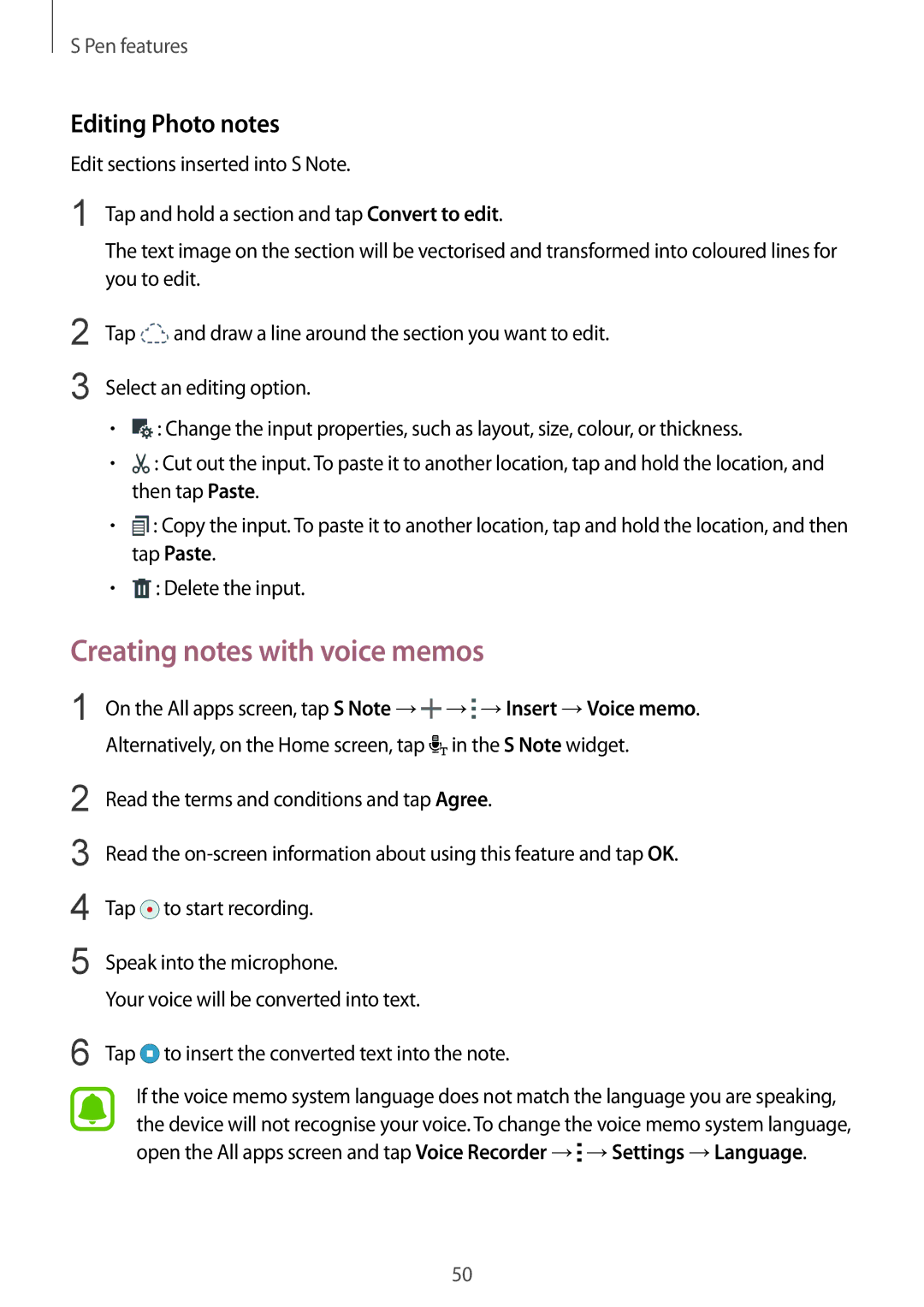 Samsung SM-N910FZWEPLS, SM-N910FZWEEUR, SM-N910FZWEDRE, SM-N910FZWECOS Creating notes with voice memos, Editing Photo notes 