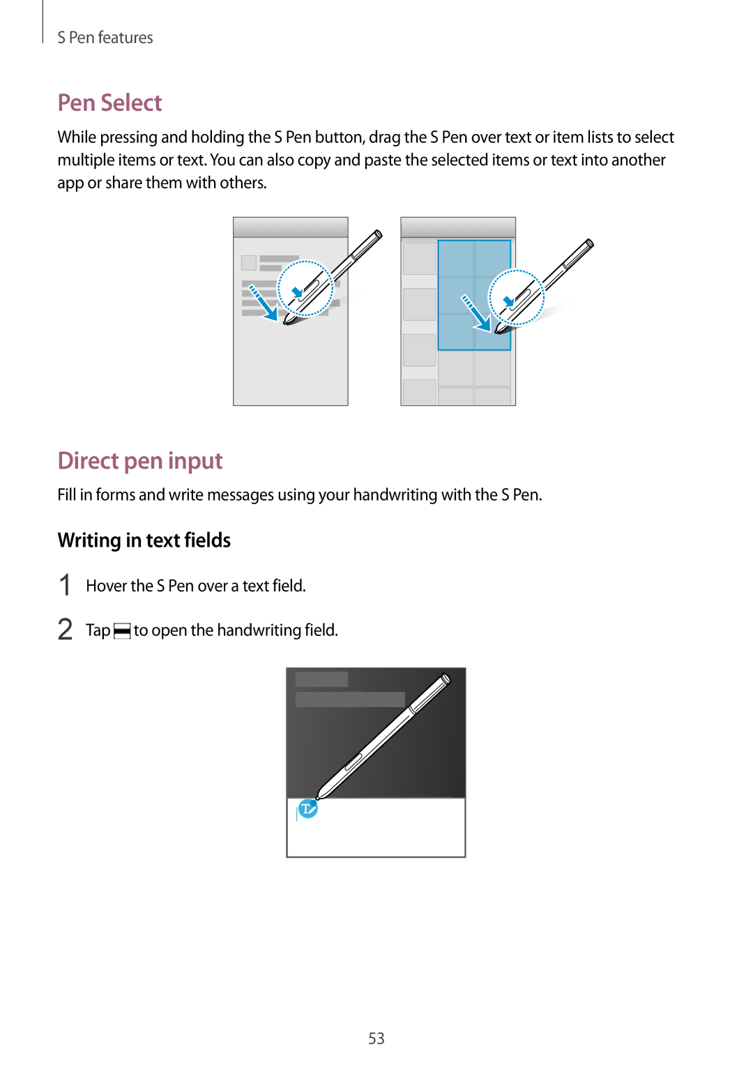 Samsung SM-N910FZKEPHN, SM-N910FZWEEUR, SM-N910FZWEDRE, SM-N910FZWECOS Pen Select, Direct pen input, Writing in text fields 