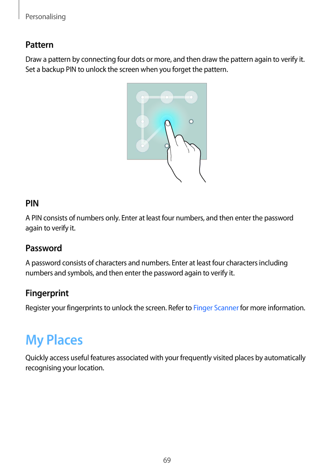 Samsung SM-N910FZWEWIN, SM-N910FZWEEUR, SM-N910FZWEDRE, SM-N910FZWECOS manual My Places, Pattern, Password, Fingerprint 