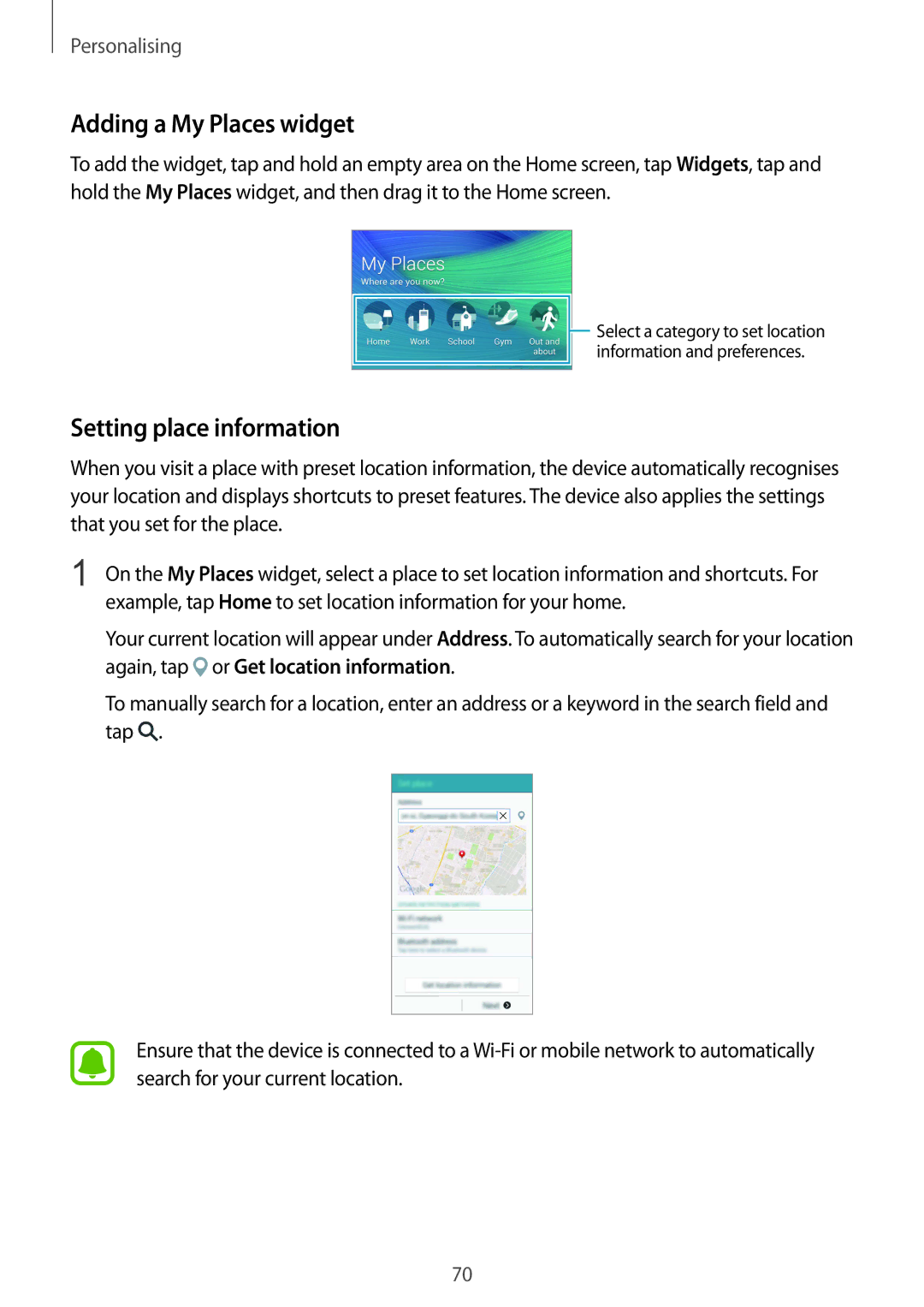 Samsung SM-N910FZWEOMN, SM-N910FZWEEUR, SM-N910FZWEDRE, SM-N910FZWECOS Adding a My Places widget, Setting place information 