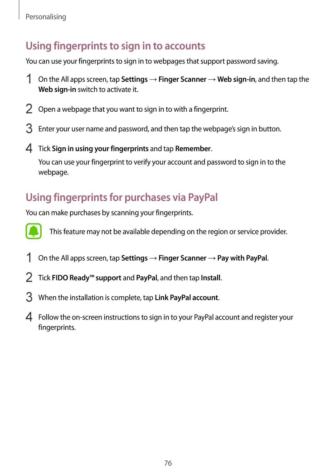 Samsung SM-N910FZWETMT manual Using fingerprints to sign in to accounts, Using fingerprints for purchases via PayPal 