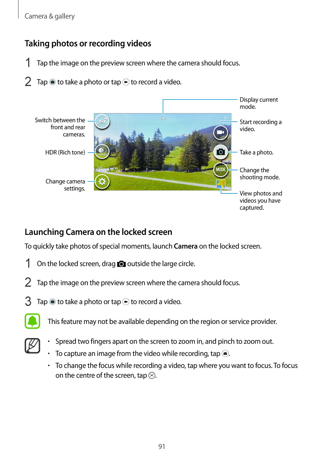 Samsung SM-N910FZKETMS, SM-N910FZWEEUR manual Taking photos or recording videos, Launching Camera on the locked screen 