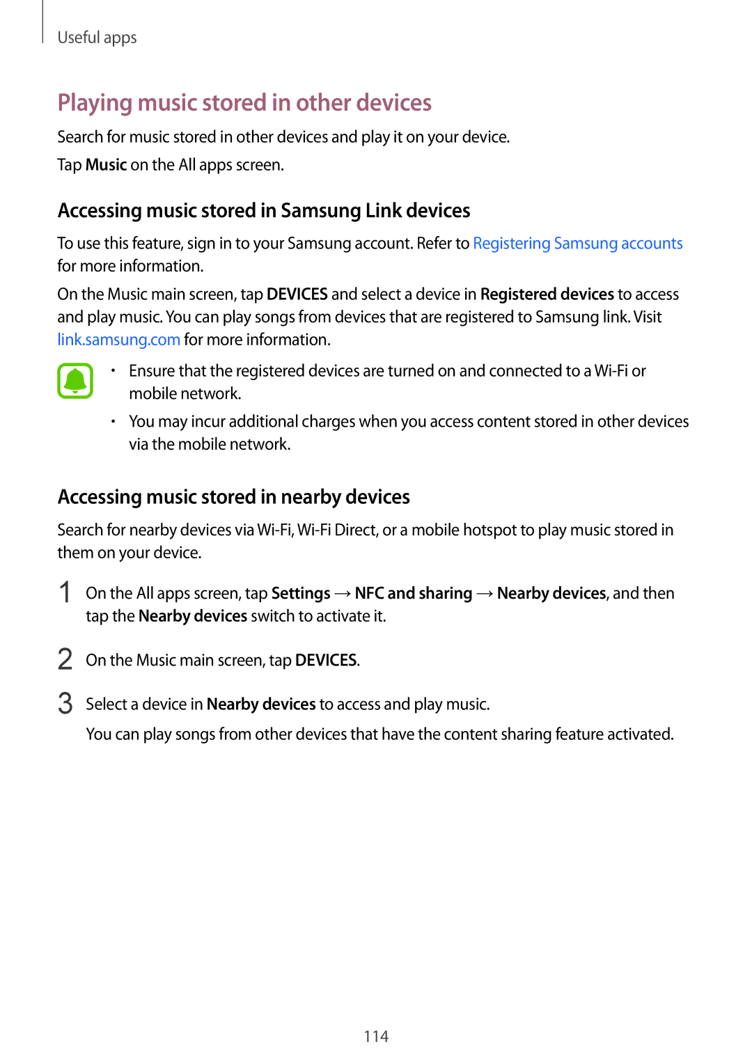 Samsung SM-N910FZWECOS manual Playing music stored in other devices, Accessing music stored in Samsung Link devices 