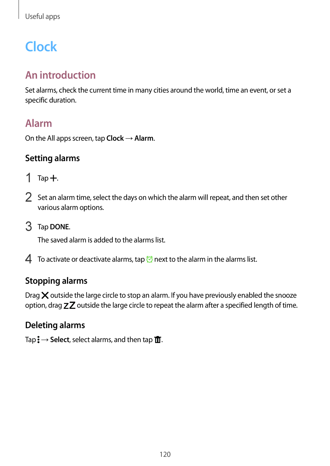 Samsung SM-N910FZWEBAL, SM-N910FZWEEUR, SM-N910FZWEDRE manual Clock, Alarm, Setting alarms, Stopping alarms, Deleting alarms 