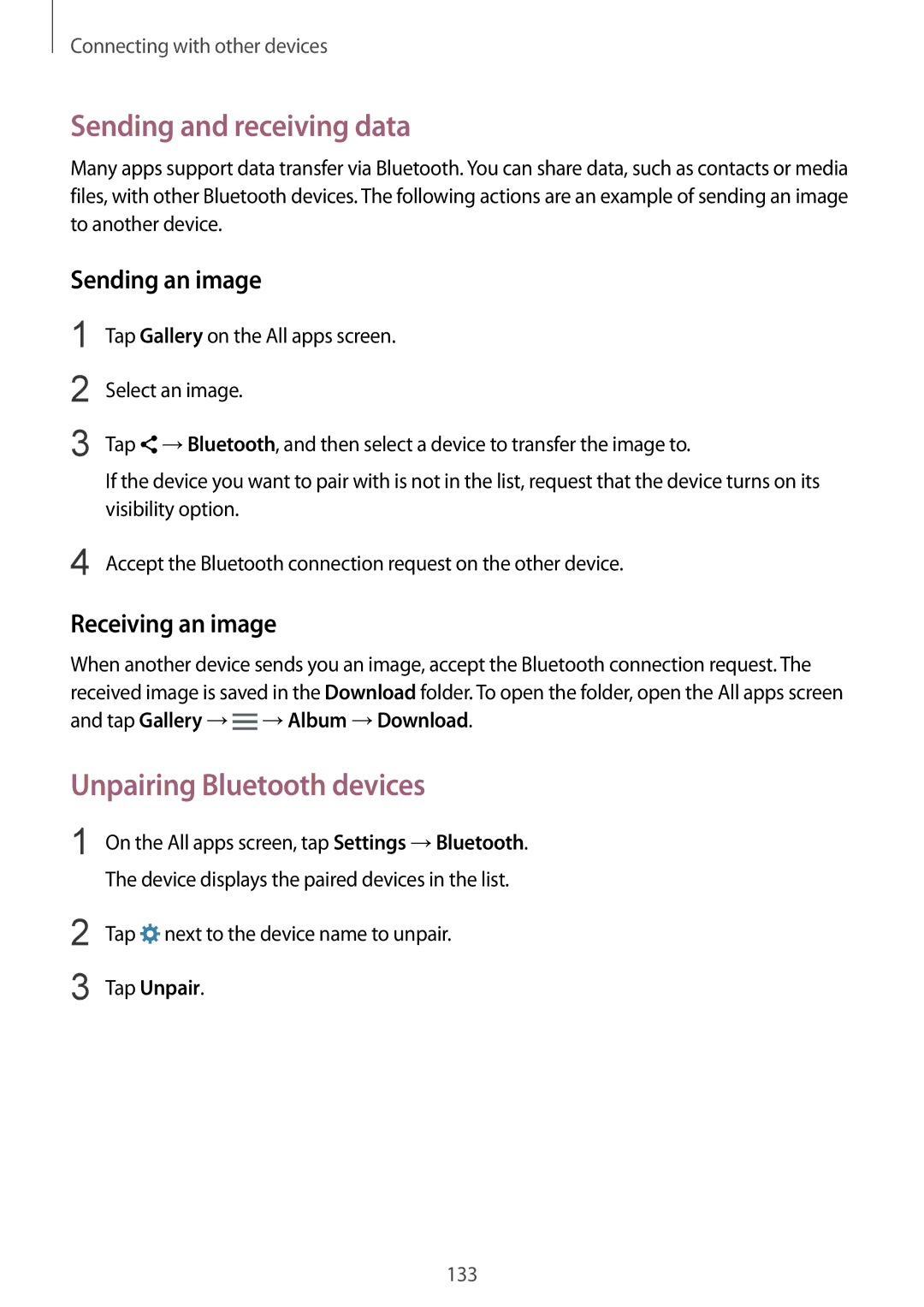 Samsung SM-N910FZWECYV manual Sending and receiving data, Unpairing Bluetooth devices, Sending an image, Receiving an image 