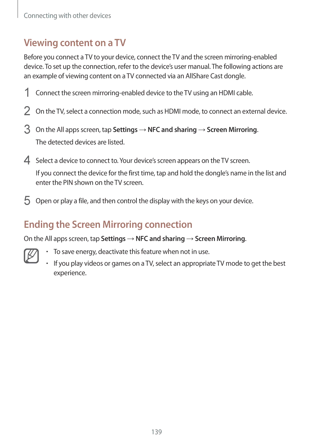 Samsung SM-N910FZKEBOG, SM-N910FZWEEUR, SM-N910FZWEDRE manual Viewing content on a TV, Ending the Screen Mirroring connection 