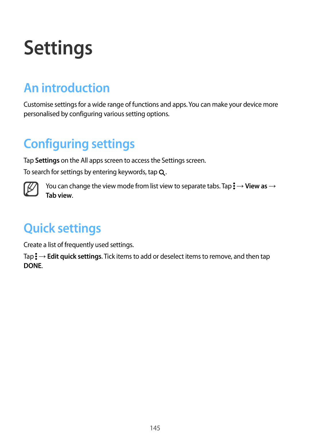 Samsung SM-N910FZDEBAL, SM-N910FZWEEUR, SM-N910FZWEDRE manual Settings, An introduction, Configuring settings, Quick settings 
