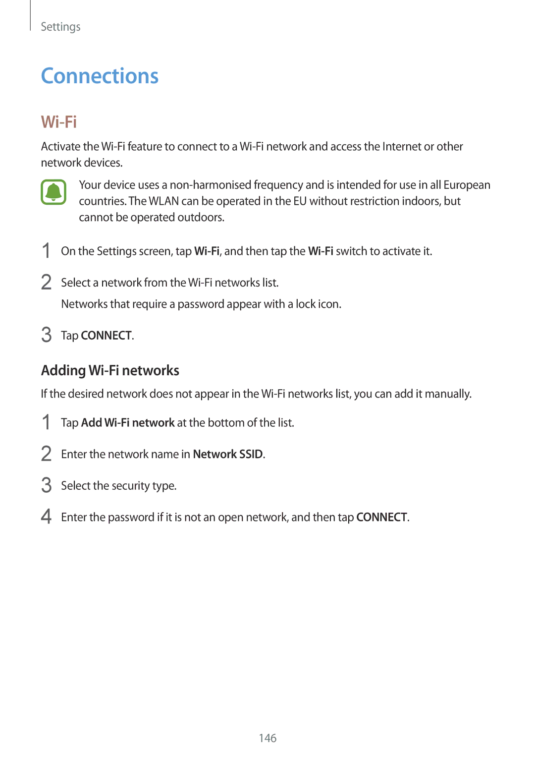 Samsung SM-N910FZWEATO, SM-N910FZWEEUR, SM-N910FZWEDRE, SM-N910FZWECOS Connections, Adding Wi-Fi networks, Tap Connect 