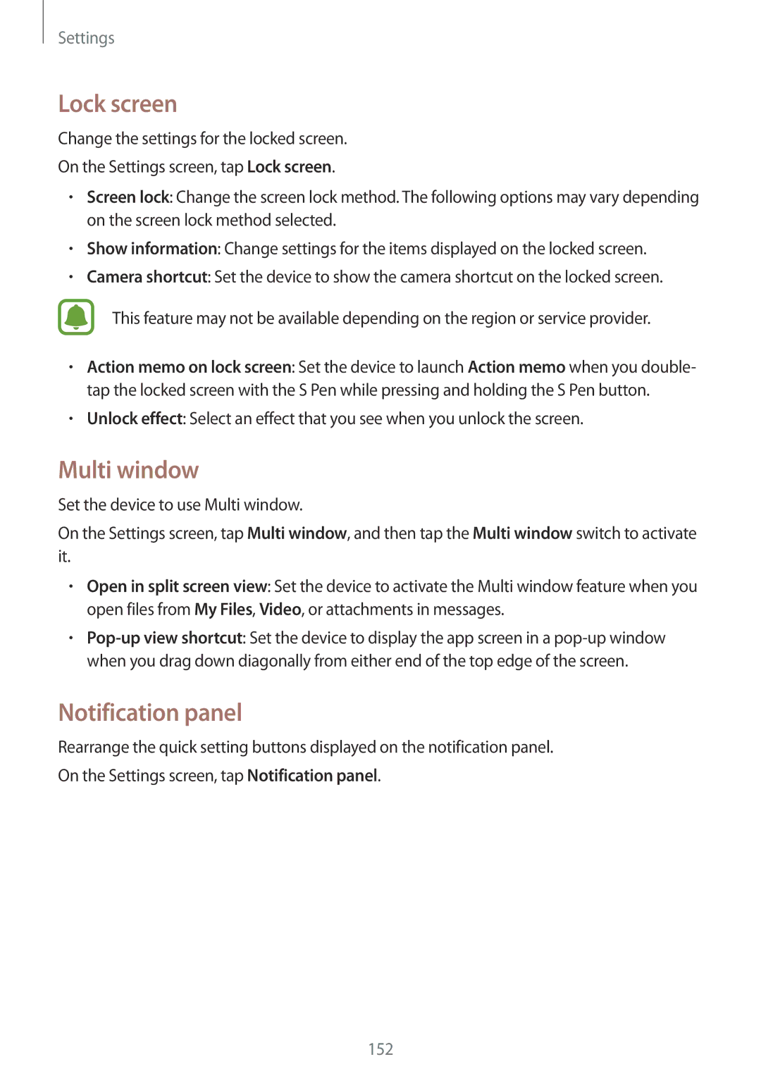 Samsung SM-N910FZKEDRE, SM-N910FZWEEUR, SM-N910FZWEDRE, SM-N910FZWECOS manual Lock screen, Multi window, Notification panel 