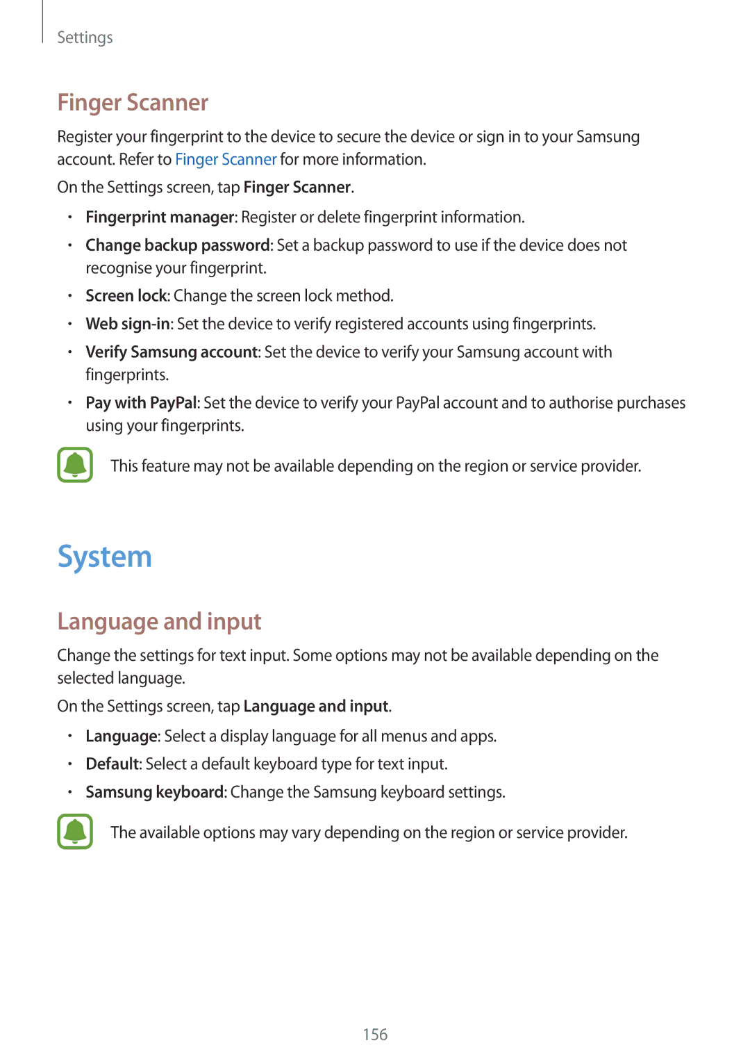 Samsung SM-N910FZKEXEF, SM-N910FZWEEUR, SM-N910FZWEDRE, SM-N910FZWECOS manual System, Finger Scanner, Language and input 