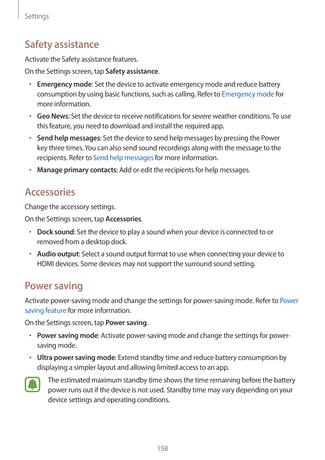 Samsung SM-N910FZWEXEF, SM-N910FZWEEUR, SM-N910FZWEDRE, SM-N910FZWECOS manual Safety assistance, Accessories, Power saving 