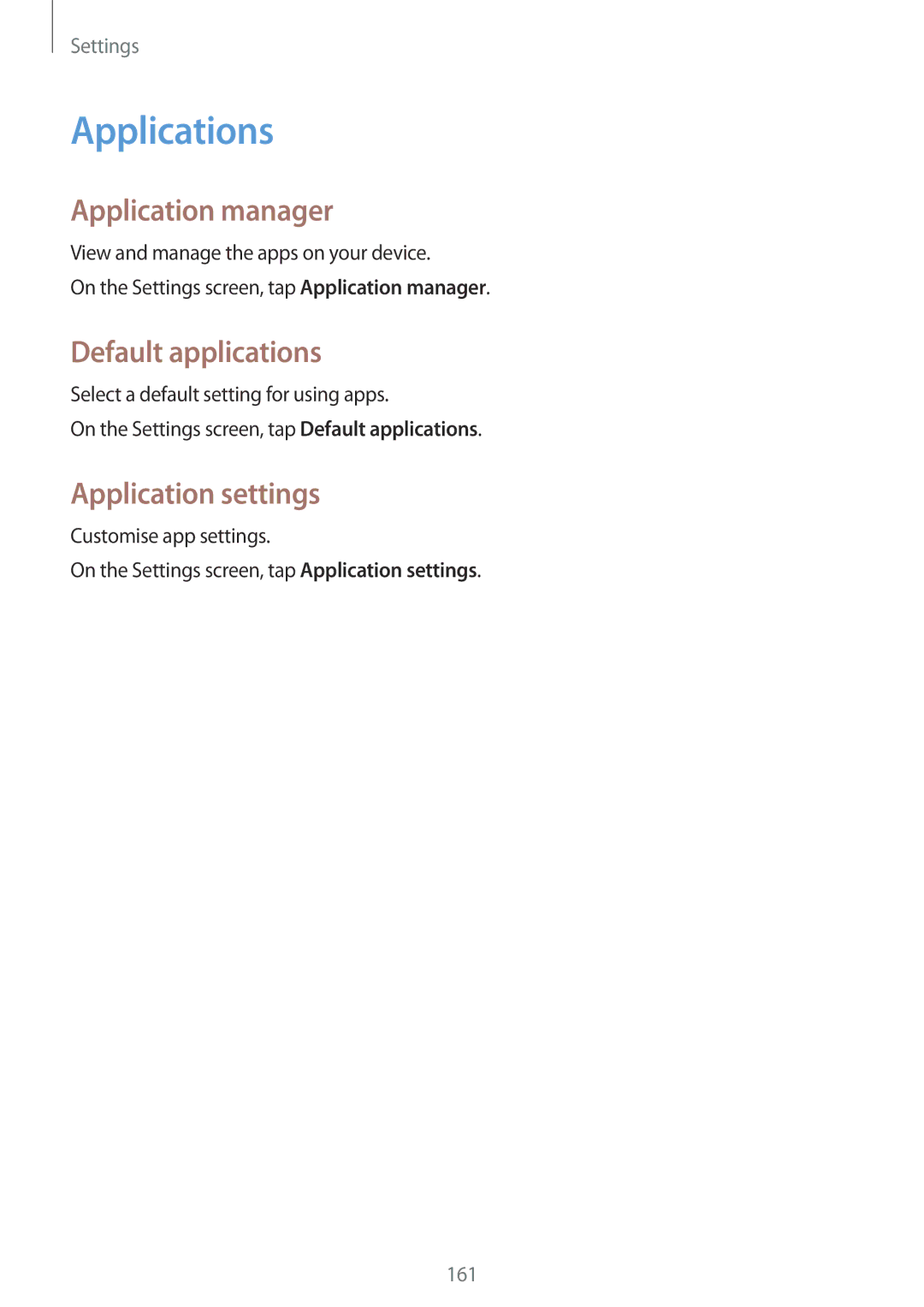 Samsung SM-N910FZKEFTM, SM-N910FZWEEUR manual Applications, Application manager, Default applications, Application settings 